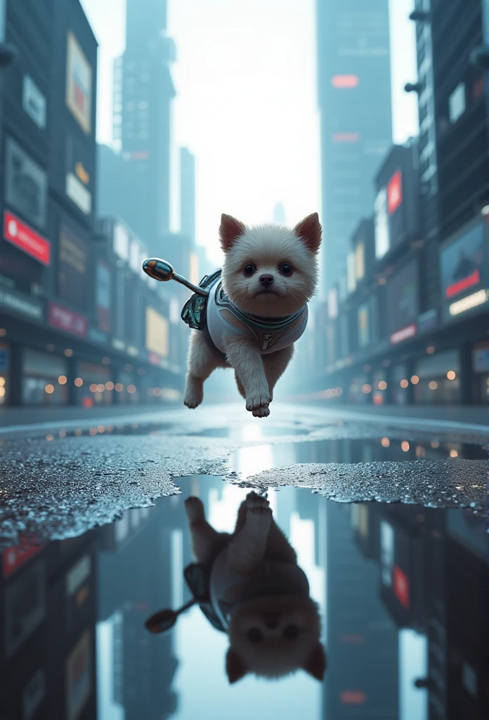 ( pictures of futuristic cities looking up)、Tilt up、( very detailed:1.2)、( with complex futuristic skyscrapers in the background:1.1)、A cute puppy that became a superman、 using a vibrator 、( Future City reflected in a puddle :1.5)、Mobile motion trajectory 、Precise Details 、 high definition 、 film grain