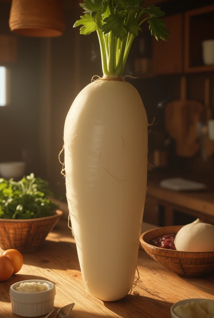 Super realistic illustration, Detailed Fantasy art, An anthropomorphic white sexy Daikon lady is standing on the table in the kitchen.