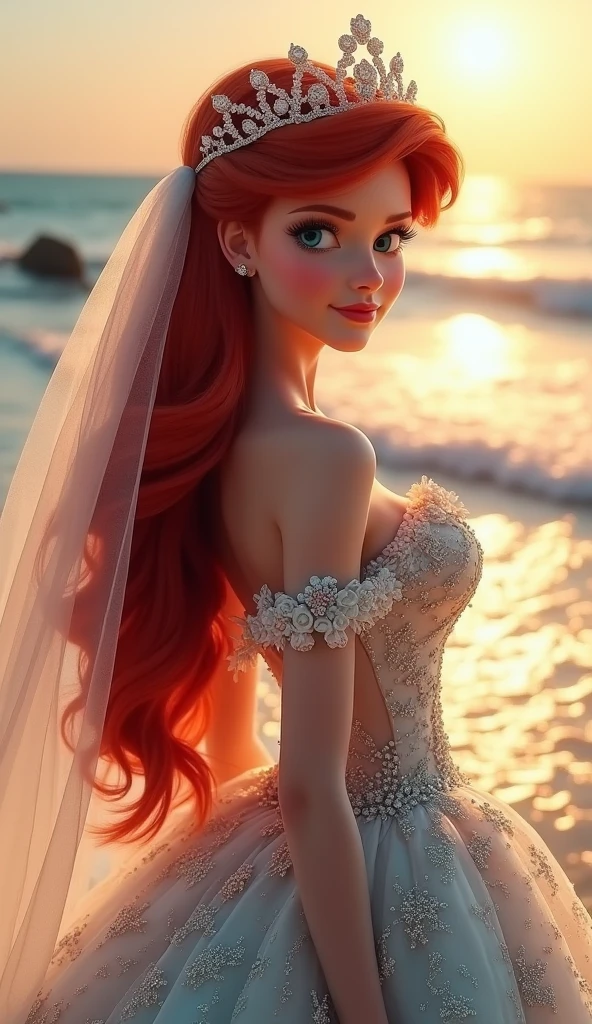 analog film photo breathtaking breathtaking close up, a stunning professional photograph of a young exquisite expensive beautiful bride, standing on a pier in the harbor, the bride wore a strapless bridal dress, veil, bouquet, fiery red curly hair, pale skin, (pale blue eyes:0.85) freckles, wedding ring, diamond jewelry, slight smile, looking away, natural light, seascape background, DSLR, bridal Photography, golden hour, sunset, bokeh