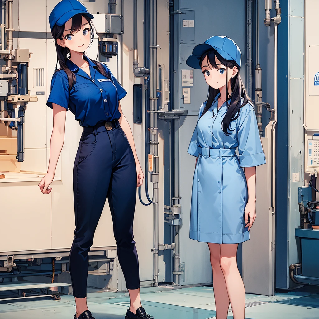 (perfect face), detail-oriented, (full body), female, 20 years old, one person, front view, in factory, mechanic, slim build, wearing blue hat, blue work clothes, illustration, stroke, formal, iconic logo, Kyoto Animation production style, talking, full smile, open mouth smile.