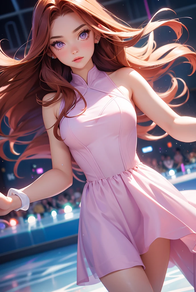 Masterpiece, best quality female, (French),(small breast), (very long curly pink volumetric hair:1.33), (white crinoline inside with red corset outside:1.33), (long red skirt:1.33), flat headband, (detailed beautiful hazel eyes:1.33), detailed blush smiling face, slim body, perfect anatomy, very cute, dynamic pose, showing some leg, perfect shading, dramatic lighting, rendered in 8K resolution for high-quality detail, trending on art station, concept art, smooth, sharp focus, in a saloon, highly detailed, soft natural volumetric, cinematic perfect light, intricate details #breasts #babe #realisticbabe
