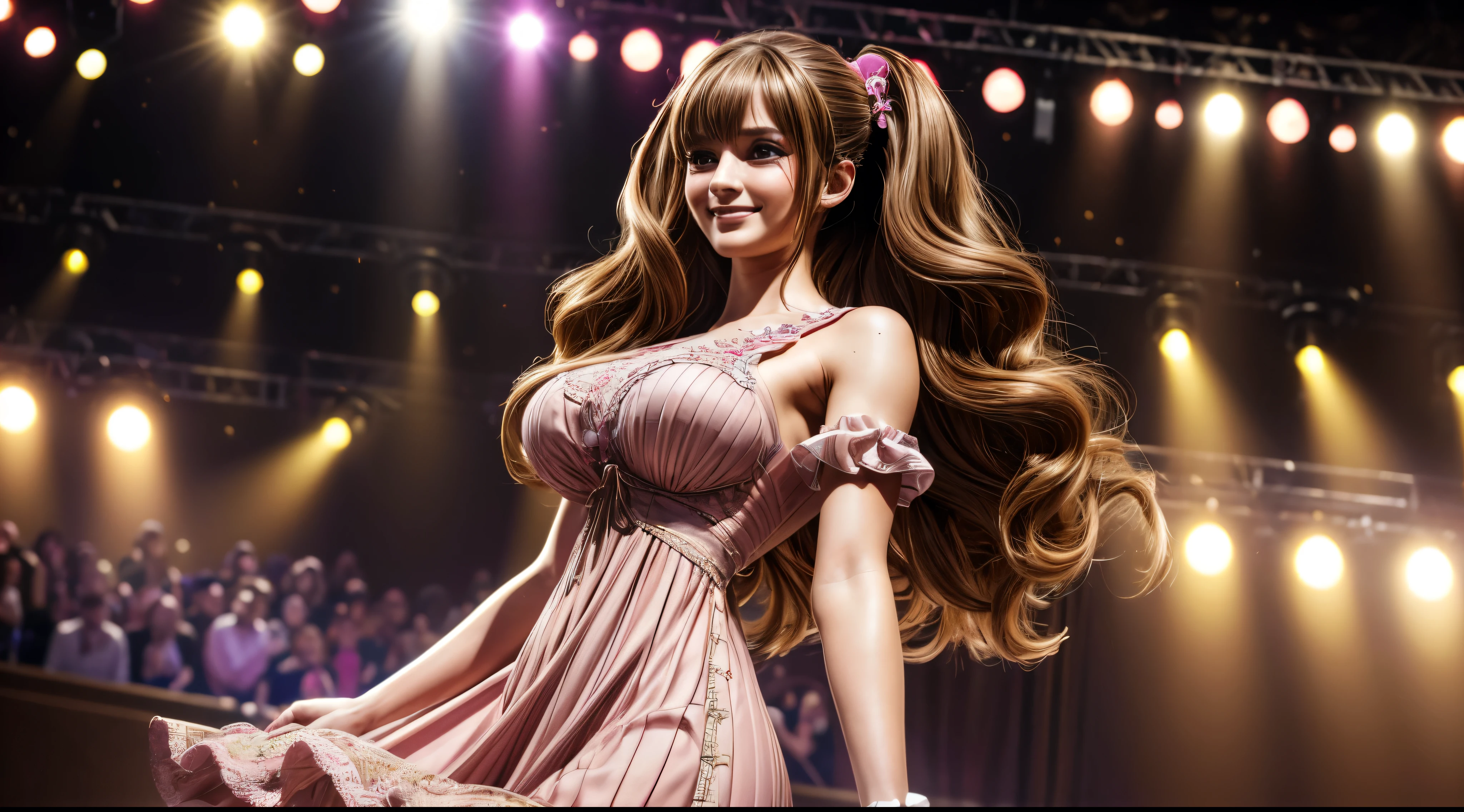 masterpiece, best quality, extremely detailed, hyperrealistic:1.1, photorealistic, a beautiful 20s european girl, ultra detailed face:1.1, brown hair, twintails, bangs, dark pink dress, smiling, on live stage, stage lighting, dancing, strenuous movements, from below, dynamic angle
