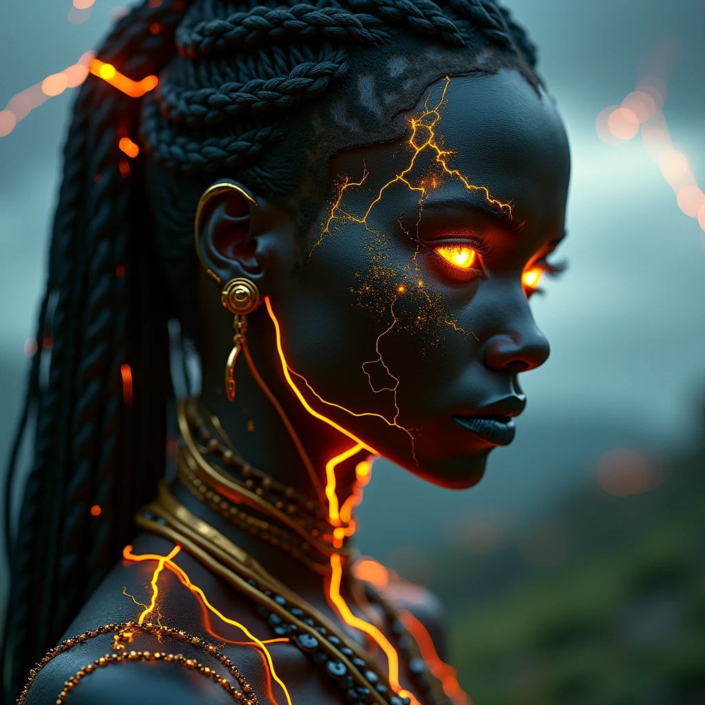 Beautiful female android, close-up with yellow lightning all over her ...