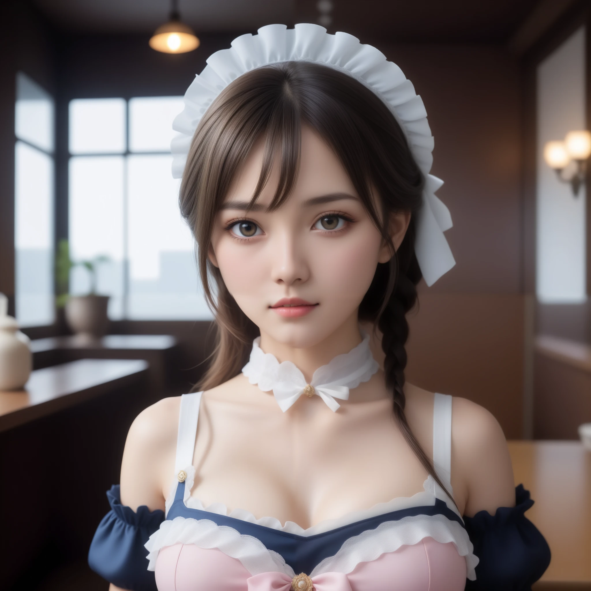 Maid Girl: 18 years old, short stature, short black hair with bangs and a hairpin, oil painting, beautiful perfect face, soft skin, perfect face, light red added, Complex details, start screen, 8k resolution, masterpiece, cute face, mysterious magical background, standing near the reception desk in a hotel, looking surprised, wearing a classic maid outfit with a white and black dress, very large breasts, slightly tanned skin, short and overweight with a noticeable belly.