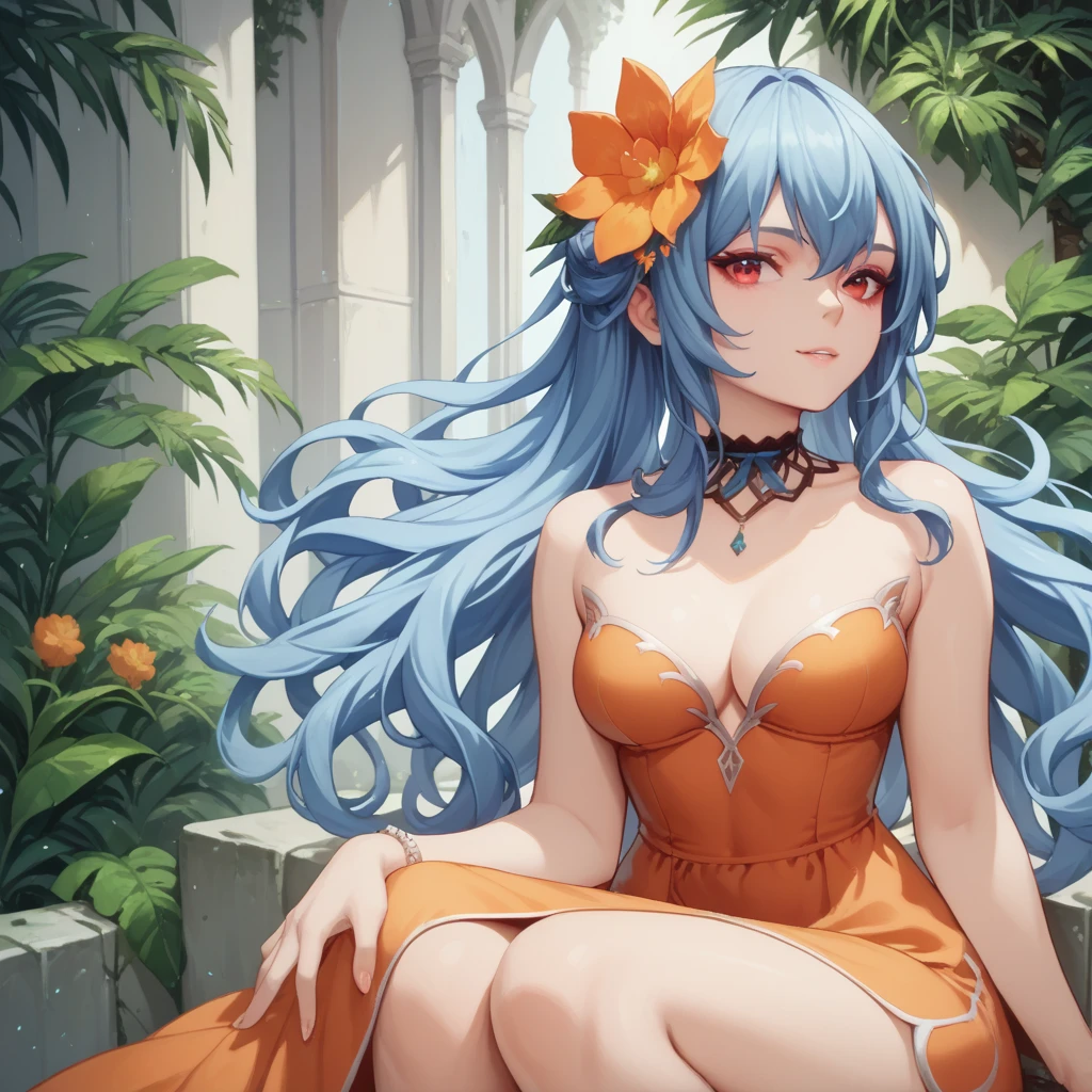  score_9, score_8_up, score_7_up, score_6_up, score_5_up, score_4_up, 1girl, blue hair, long hair, red eyes, orange dress, hair flower