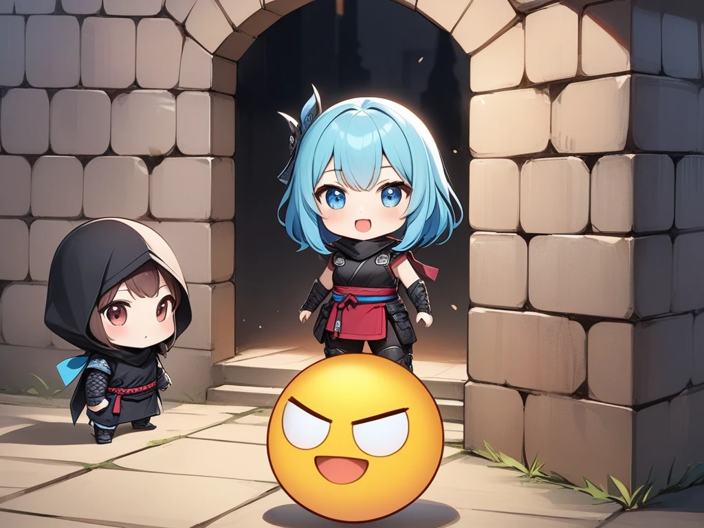   best quality, masterpiece ,   Ninja Costume , (Chibi: 0.6),  girls go to enemy castles next々and infiltrate 、 overcome castle walls 、  random hair color  ,  Emoji, cute, 