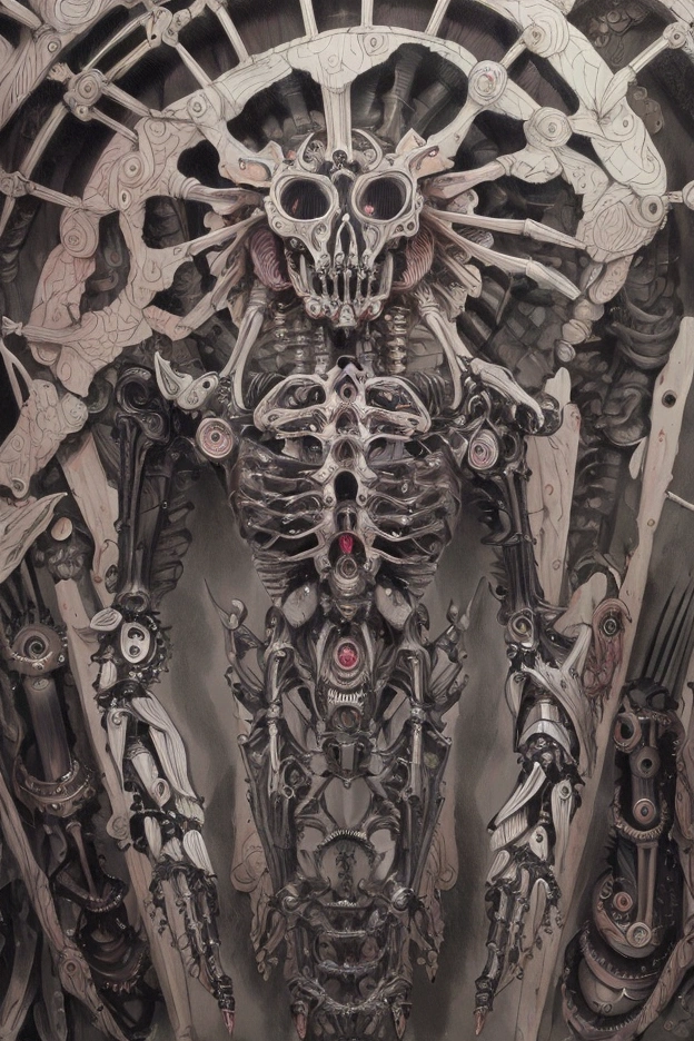 Horror robot skull, cables, wires.