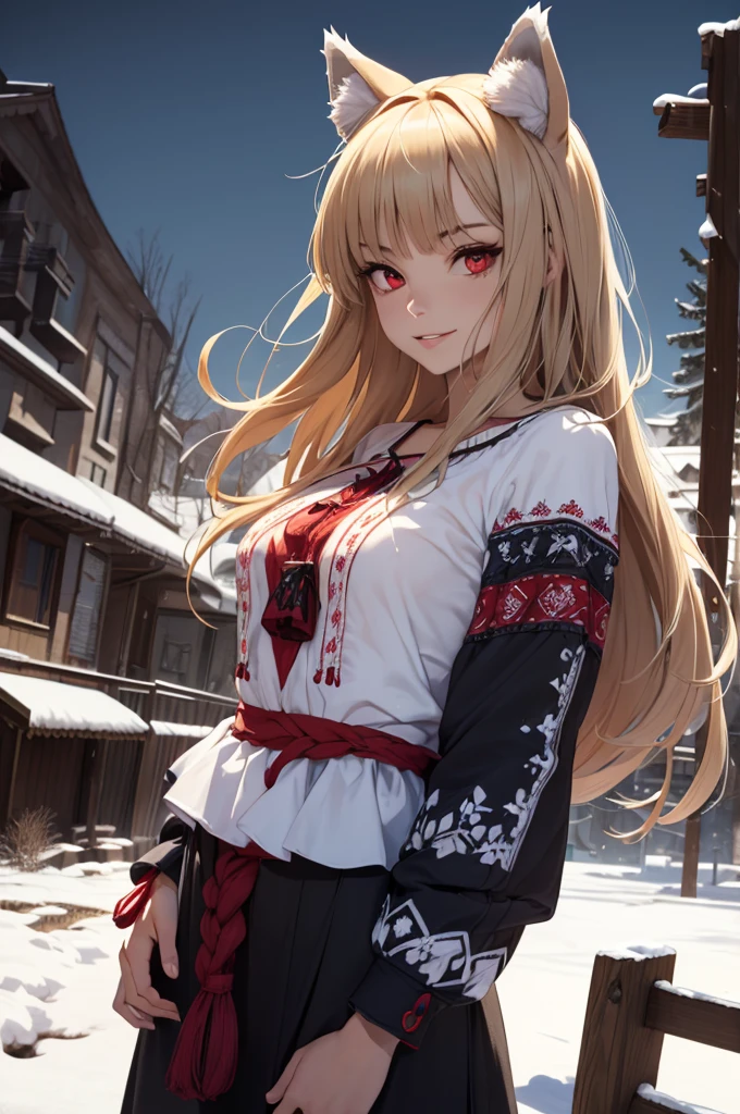 4K, Masterpiece, highres, absurdres,natural volumetric lighting and best shadows,highly detailed face, highly detailed facial features, cinematic shadows, cinematic lights, (((ultra detailed, 8k quality))), (((WINTER WASTELAND ATMOSPHERE))), horny smile, nice hands, perfect hands, nice lips, perfect lips, SOLLO, OUTDOOR, 

, (braless, Braless),
, holo anime2024, (((animal ears, red eyes, long hair, WOLF TAIL, wolf ears, holo, solo,)))

(masterpiece), best quality, abandoned, post-apoc, postapoc_character, postapoc_scenery, postapoc_vehicle, postapoc_raider,  ruined_cityscape, distant_character, wasteland, hazmat, detailed eyes, beautiful eyes,

(masterpiece), (((best quality, 4k, 1080p, HIGH DEFINITION, POST-APOCALYPTIC SITY, SNOW, INTENSE SNOW STORM, VERY INTENSE SNOWFALL, STRONG WIND, holo)))

ruined european city 

, edgVyshivanka, blonde woman in a white,blue,yellow,green,pruple,black dress and a flower crown ,wearing edgVyshivanka, edgVyshivanka_style_embroidery,floral embroidery, floral print