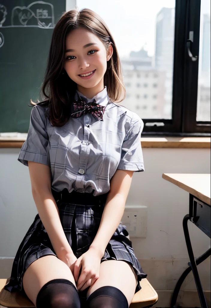 ((  one girl :1.6))、(( classroom))、((shirt with collar and front buttons、 grey pleated skirt、 plaid bow tie :1.5))、((stand))、((    knee-high socks  :1.5))、(8k、    RAW Photos、    best quality、masterpiece:1.2)、(Realistic、Realistic)、((Bright smile:1.5))、((   Thin legs))、((whole body:1.5))、    Front View、    stare at the camera、((cute  :1.7))、(( perfect anatomy:1.5))、break, (masterpiece,     best quality,     super detailed:1.4), Realistic,     super detailedな目, masterpiece,     best quality、    Details on my desk in the foreground       、      It's a delicate illustration         、     8kCG wallpaper      、       absurd、      true face        、   とてもcute顔 、    黒 hair     、      I'm staring at the viewer with charming eyes     、((   A lot of people are enjoying it  ))