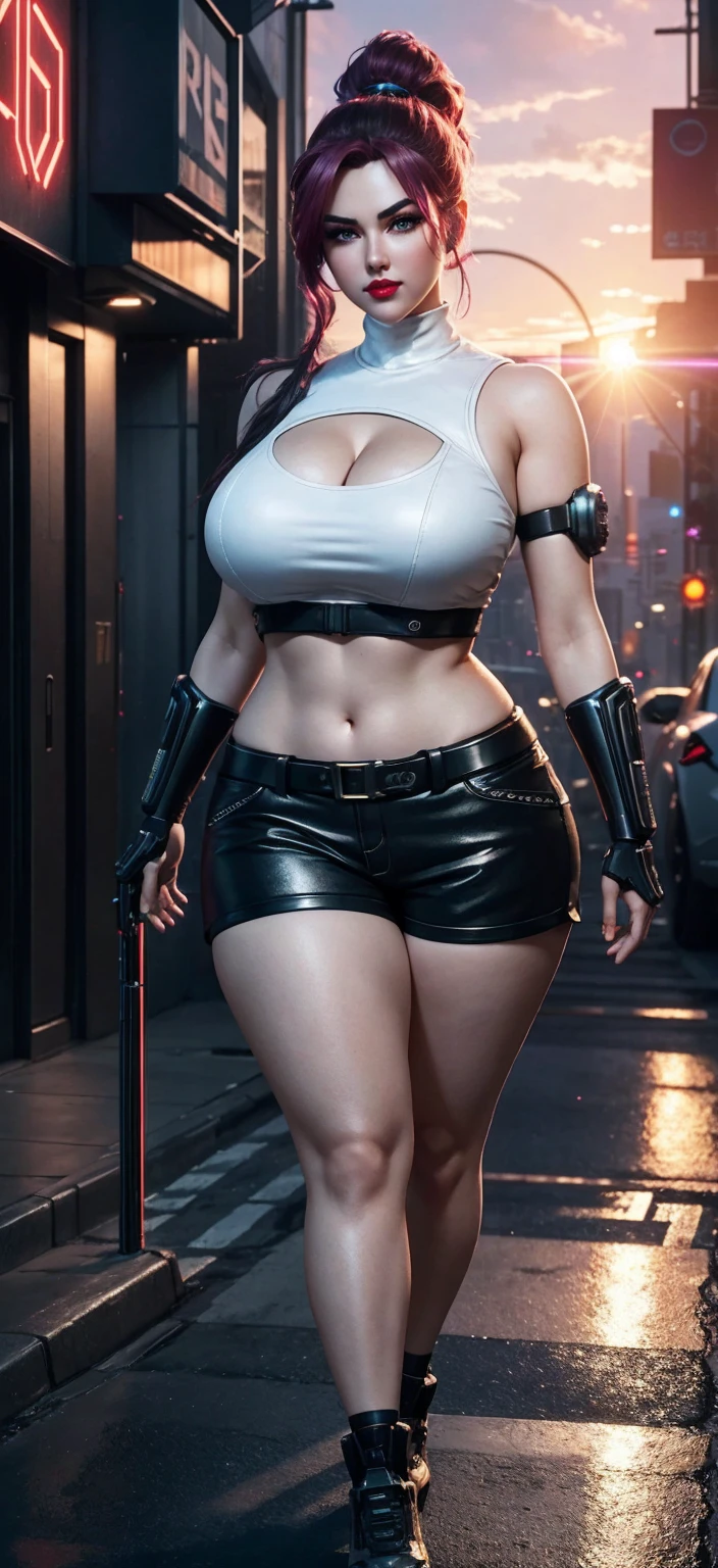 (8k, melhor qualidade, obra de arte:1.2), (realista, photo-realista), ultra-detalhado, 1 garota,Bonitinho, Sozinho, (tifa lockhart), (seios enormes), (sorriso:1.2), (boca fechada), erotic pose, posando, luzes de neon, paisagem urbana, profundidade de campo, profundidade de campo, good composition, Final Fantasy VII, botins, cabelo preto, black Coxas, vermelho boots, luvas de cotovelo, cotoveleiras, luvas sem dedos, camisa esticada, esportes bem, (suspenders attached to the skirt), Coxas, (top branco), corpo todo, cabelo muito comprido, ((vermelho_olhos)), flores amarelas, (noite), Bokeh, cinematic lighting, Seios perfeitos, Estilo Sakimichan