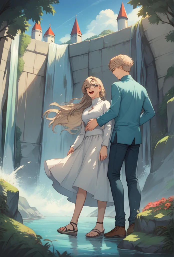 masterpiece, anime, , romantic,  best quality , 2Others, couple, maduro, adult, height difference, different fashion,  colors, casual clothes, long sleeves, smile, happy, Love, wind spinning, blue sky, Long haired man, Man with light brown hair,  Black-haired woman , Woman with long hair, woman with glasses, castle, waterfall  