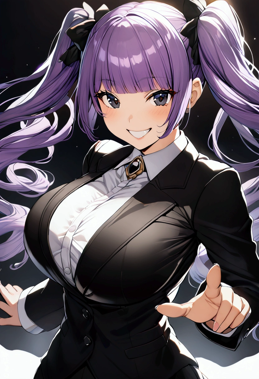 1 woman, purple hair, straight bangs, princess cut, black eyes, twin tails, double teeth, big breasts, black suit, smile