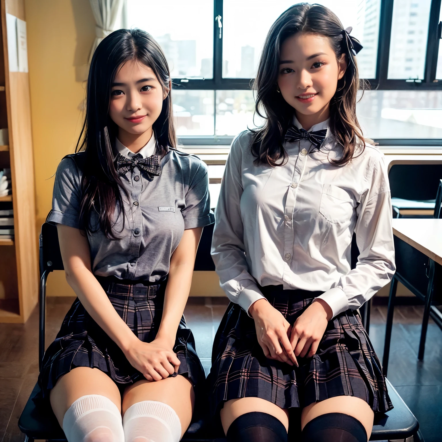 (( Two Girls:1.6))、(( classroom))、((shirt with collar and front buttons、 grey pleated skirt、 plaid bow tie :1.5))、((stand))、((    knee-high socks  :1.5))、(8k、    RAW Photos、    best quality、masterpiece:1.2)、(Realistic、Realistic)、((Bright smile:1.5))、((   Thin legs))、((whole body:1.5))、    Front View、    stare at the camera、((cute  :1.7))、(( perfect anatomy:1.5))、break, (masterpiece,     best quality,     super detailed:1.4), Realistic,     super detailedな目, masterpiece,     best quality、    Details on my desk in the foreground       、      It's a delicate illustration         、     8kCG wallpaper      、       absurd、      true face        、   とてもcute顔 、    黒 hair     、      I'm staring at the viewer with charming eyes     、((   A lot of people are enjoying it  ))