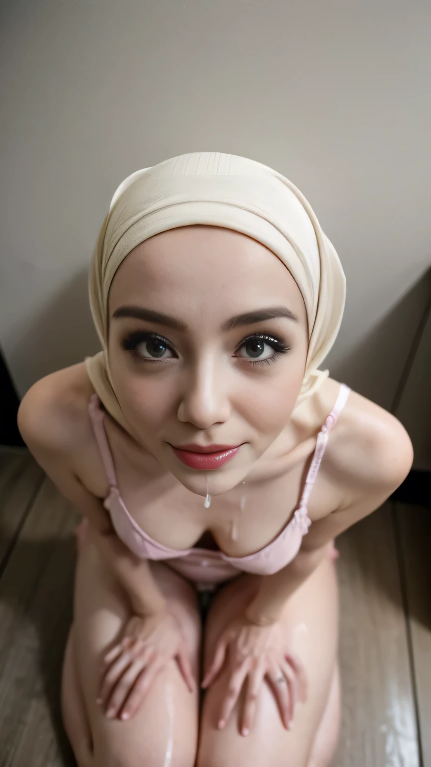 ((Genuine:1.5)),, ((HIJAB)), High resolution,Malay Girl Photo Maker,(((Two beautiful girls:1.5))),((physical differences)),((Age difference)), ((blonde)),20～,Narrow eyes:1.5,Slim face,Underarm,A pink tank top that is transparent with sweat,No arm hair,Small Face,Slim face,listen,Crouched down on the bathroom floor,NOpanty,Excessive sweating、Sweat dripping details, Textured Skin, 超High resolution, Camisole wet with love juice,Wet Hair,Wet Face,Wet body,Wet arms,(Perfect Anatomy:1.1),(Provocative pose),(Perfect hands),perfect fingers,Perfect Legs,((From above))、Different hair colors,Anatomically correct, Cheek to cheek, behind arms,(agedown)