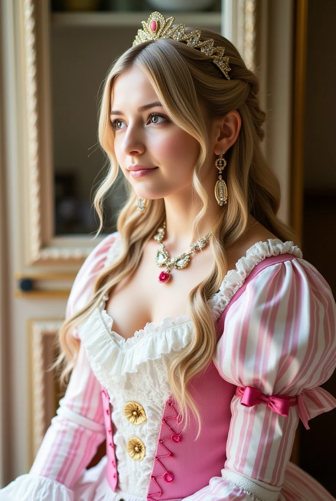 (8k, Best Quality, masterpiece: 1.2),  Ultra High Definition ,, Marie Antoinette, ultra detailed face ,fine grain, open your mouth slightly ,(Blonde),Long Hair, wavy hair in front of the station, break,Rococo Ruffle Dress,Long sleeve dress, The dress has a long skirt , Baroque Dress ,  intricate fantasy dress , Gorgeous glamorous dress,  romantic dress, Costume with frills  ,lottery, Data Style, Formal Wear, Fancy Fashion, palate colors include pink and white,(pink:1.5),Class A Smile,Gold Tiara,  necklace ,Sit in a fancy chair,  hands on needs  ,( rainbow light :1.4),,Profile of a person looking out a window,The rosebush is reflected in the window,(Inside Victoria Palace)、Her eyes are shining、Now her blonde hair reaches down to her waist、Rose-colored gradation and three, Pale pink rock. She wore a gold tiara with floral embellishment.、 Matching earrings  , white flower choker. She is wearing a white striped Pink top with frills edged with gold buttons, The white sleeves are in the shape of a bud .. A magenta ribbon runs down her chest..、Tie at the back of the neck、Matching chest piece, Decorated with flowers. Her frilly skirt is divided by a white line, Fastened with a large magenta ribbon、Decorated with gold, There is a small ribbon on the back. Her mini skirt、made of a thin Pink magenta shell-like lining and a white floral petticoat. She also wears white gloves with pink flowers., For white and light pink shoes、It has loose cuffs and a magenta ribbon decorated with flowers..
