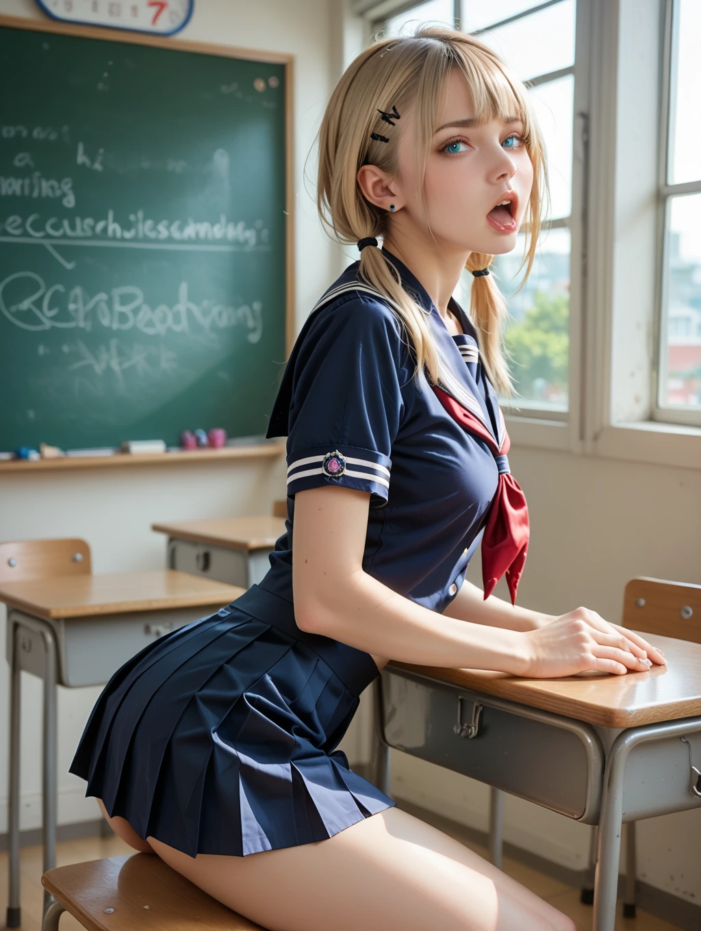 masterpiece, best quality, (score_9, score_8_up, score_7_up,score_6_up),1girl, rating_questionable,  ((school uniform, punk outfit)), real skin, indoors, classroom, (((view from side))), , looking at viewer, blonde, horny, pointy breasts, bangs, low pigtails, ((orgasm face)), (little butt, small ass), (slender thin legs), slim legs, 