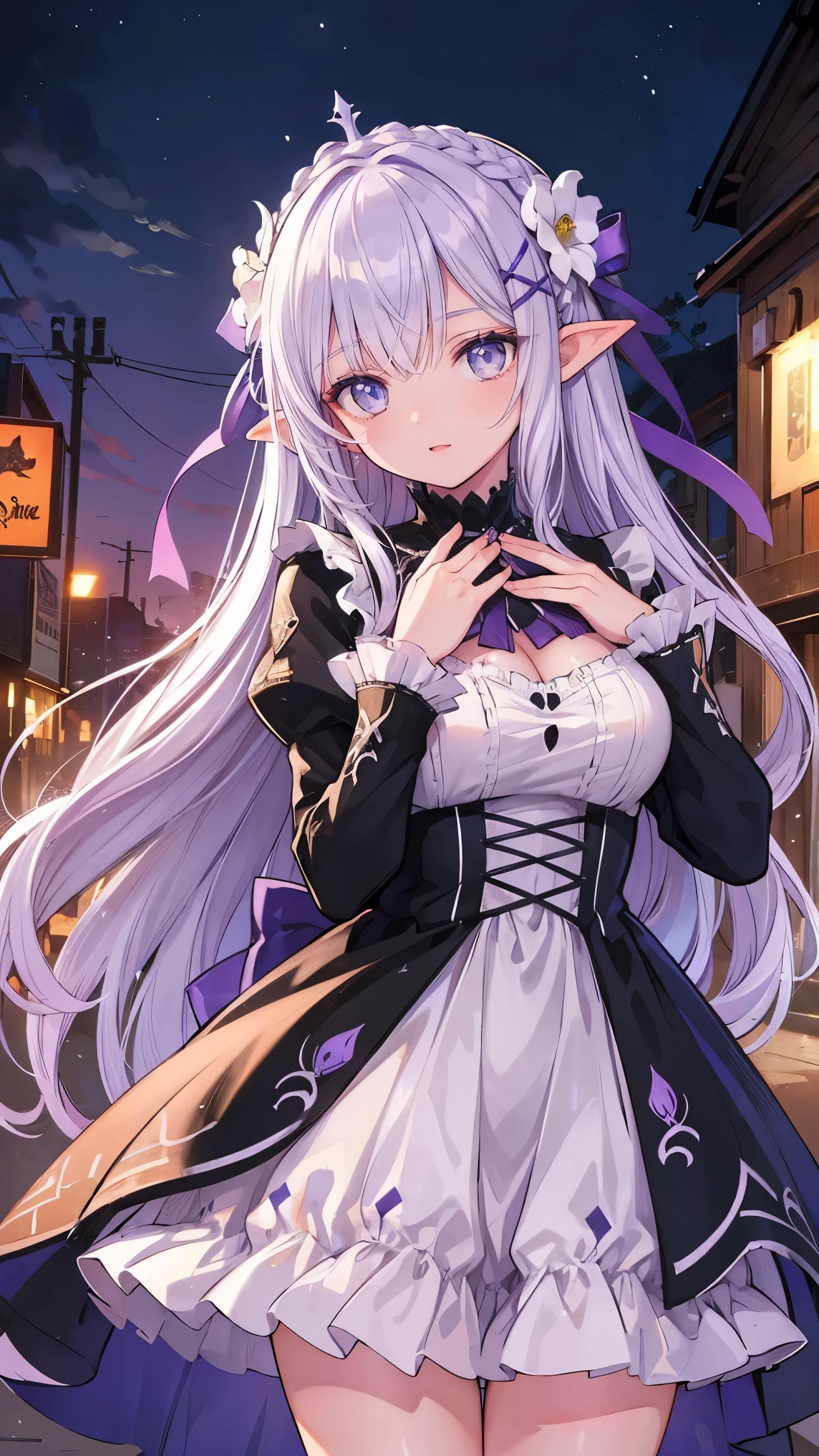 rezeroEmilia, Emilia, Emilia, Braid, crown Braid, flower, hair flower, hair ornament, hair ribbon , long hair , low-tied long hair , (purple eyes:1.2), pointy ears, white flower, x hair ornament, open mouth, sexy Halloween dress with gothic details , shades of black and purple , pumpkin decorated in the background , city scenery illuminated by Halloween lights, looking at the observer, (cowboy shot:1.5), (masterpiece:1.2), best quality , High resolution , wallpaper 8k , ( similar to Kemono :0.8), ( detailed and beautiful eyes :1.6), extremely detailed face, dramatic lighting, extremely detailed CG , ( perfect hands, perfect anatomy).
