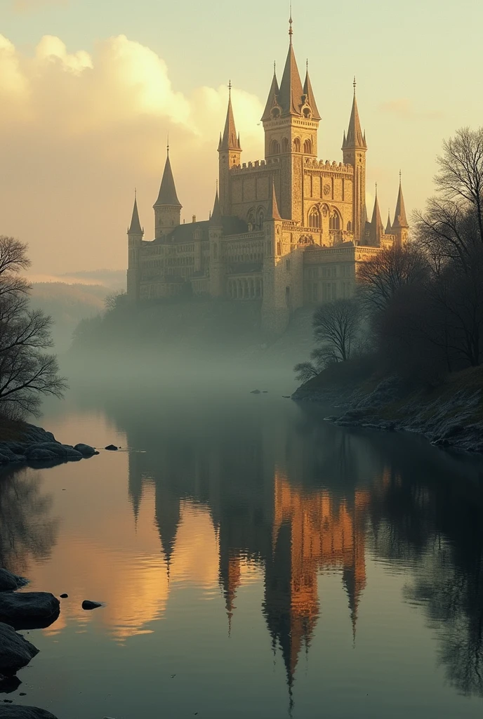 photorealistic reflection on the water of an ancient city with castle and strongholds, intricate, dramatic light, thin fog misty.