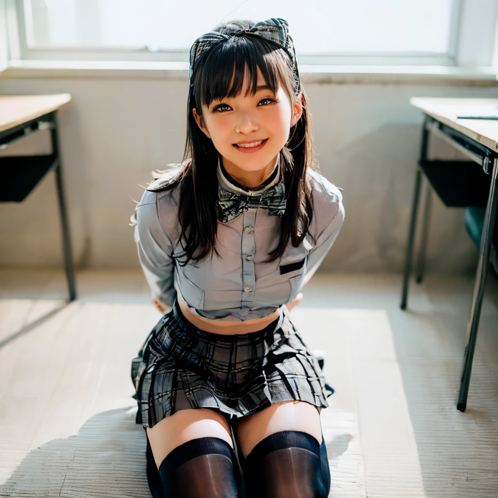 ((  one girl:1.6))、(( classroom))、((shirt with collar and front buttons、 grey pleated skirt、 plaid bow tie :1.5))、((Kneel:1.9))、((    knee-high socks  :1.5))、(8k、    RAW Photos、    best quality、masterpiece:1.2)、(Realistic、Realistic)、((Bright smile:1.5))、((   Thin legs))、((whole body:1.5))、    Front View、    stare at the camera、((cute  :1.7))、(( perfect anatomy:1.5))、break, (masterpiece,     best quality,     super detailed:1.4), Realistic,     super detailedな目, masterpiece,     best quality、    Details on my desk in the foreground       、      It's a delicate illustration         、     8kCG wallpaper      、       absurd、      true face        、   とてもcute顔 、    黒 hair     、      I'm staring at the viewer with charming eyes     、((   A lot of people are enjoying it  ))