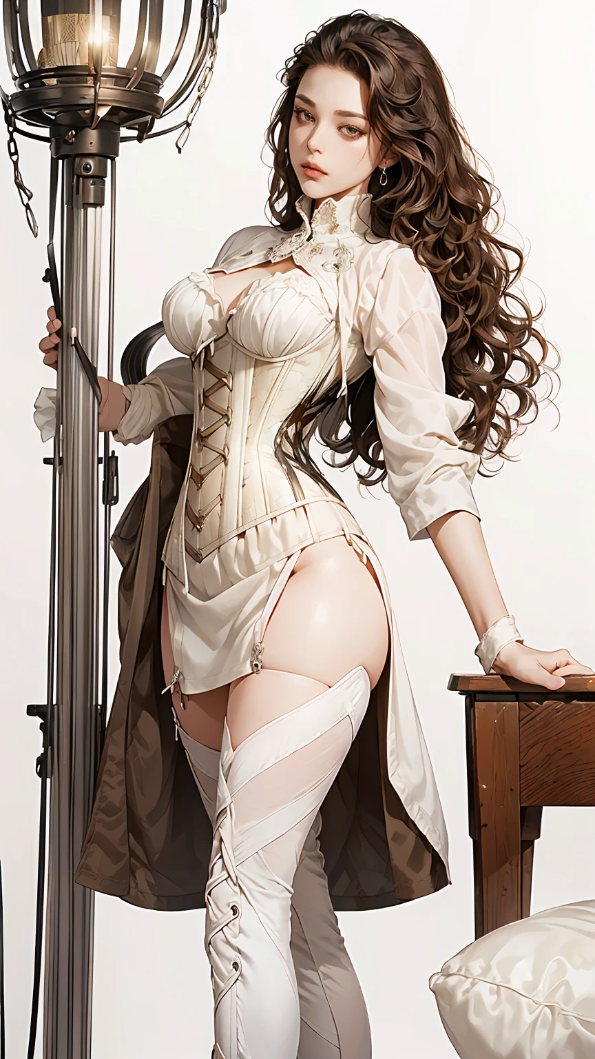 Middle Ages, 1 female , Middle Age, One, beautiful (((white tunic and brown dress with corset ,  square, curls, tender,  chubby build , forms ,European,  young  , white background))) ,   gaze at the viewer  ,   stands straight  
