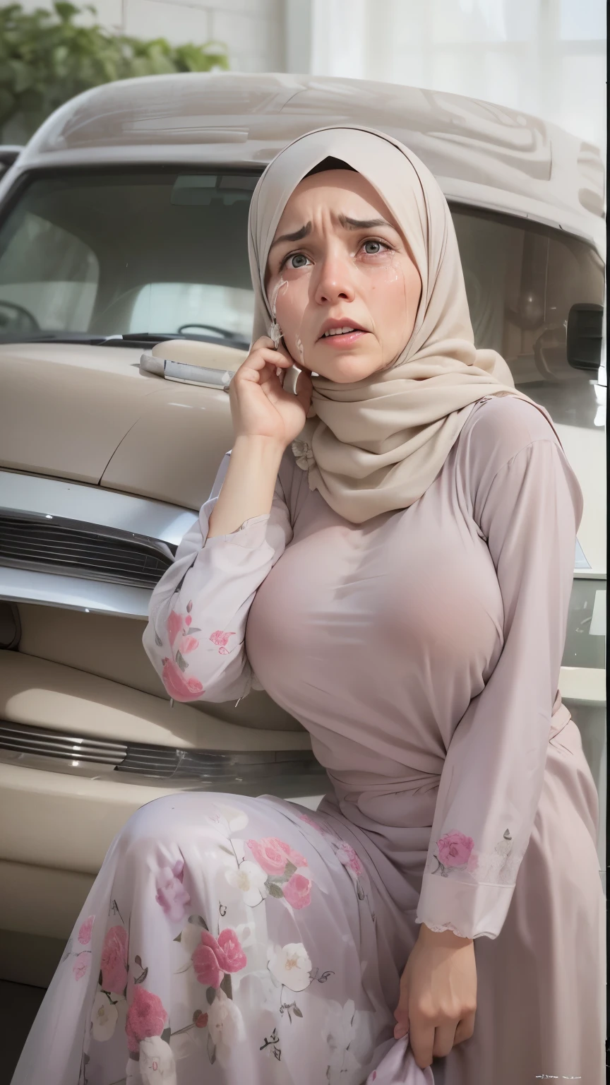anime cartoon rap music poster palistine Muslim girl in pink burka hiding her face sitting in front of big white car looking down....and holding her with hands wearing full pent also and giving sweet smile with pink lipstick on her lips and name 'Alita' in bold written on burka in white colour