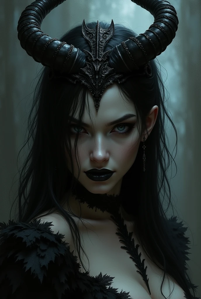 ((obra de arte)), ((melhor qualidade)), there is a demonic woman, Linda, (rosto_Lindo), pele perfeita, ((Globos_Olho_Brancos): 1.2), your eyes do NOt have irises and pupils, olhoss Brancos, small horns betray their diabolical origin, ((chifres_pequeNOs): 1.0), vestido preto, ((cabelos pretos, Cabelos lisos,): 1.0), with a black bird on his shoulder, corvo negro, (corvo negro: 1.0), ((perched bird_NO_ombro)), the bird is a black crow, arte de estilo fantasia sombria, gothic fantasy art, arte de fantasia sombria, Fantasia sombria misturada com realismo, no estilo da arte de fantasia sombria, Artgerm e Rossdraws, Artgerm e Tom Bagshaw, vampira com asas de corvo, wlop e artgerm, artgerm extremamente detalhado