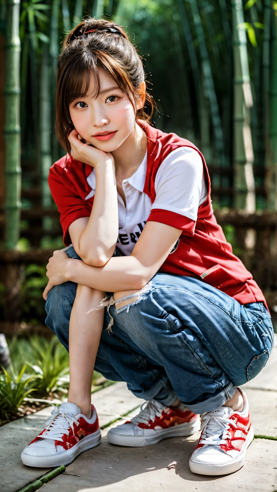 hair, RAW Portrait ( Japanese woman with a viewing angle of),masterpiece、Photographically:1.2、Realistic, ultra high resolution, best quality, Real Life Photos ,( Daytime :1.1), ((((1 female:1.5)))), (((In the bamboo forest)))、(かわいいface:1.3)、 Japanese woman with a viewing angle of,((College Girl Fashion))、((22-year-old woman))、((Polo shirt、 red jacket、Denim sneakers))、 Short Hairstyles,Slender body,、face、 、big, beautiful, beautiful目, black hair,( Written Boundary Depth:1.3)、 (( dark brown eyes:1.2))、(Realistic skin texture:1.3)、( immersive atmosphere :0.8、 chiaroscuro:1.2) 、( look viewer showing off her anal:1.4)、(( red cheeks :1.3))、(笑face:0.7)、((shot))、the most beautiful woman in the world、the most beautiful woman in the world、