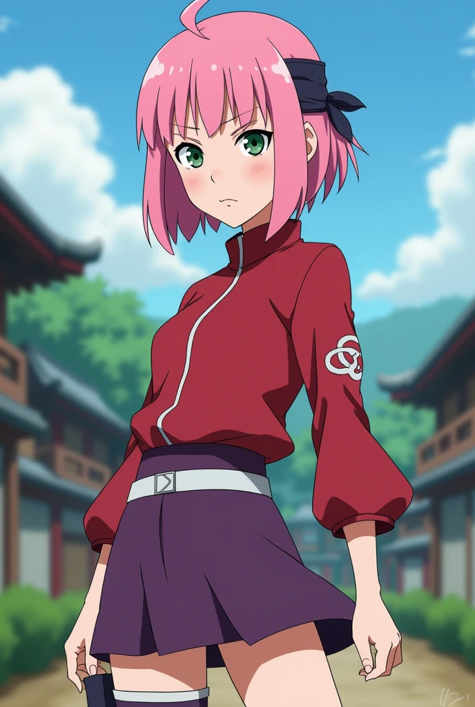 1girl, pink short hair, green eyes, anime girl, sakura haruna, japanese anime character, Kishimoto, Japanese anime style, q