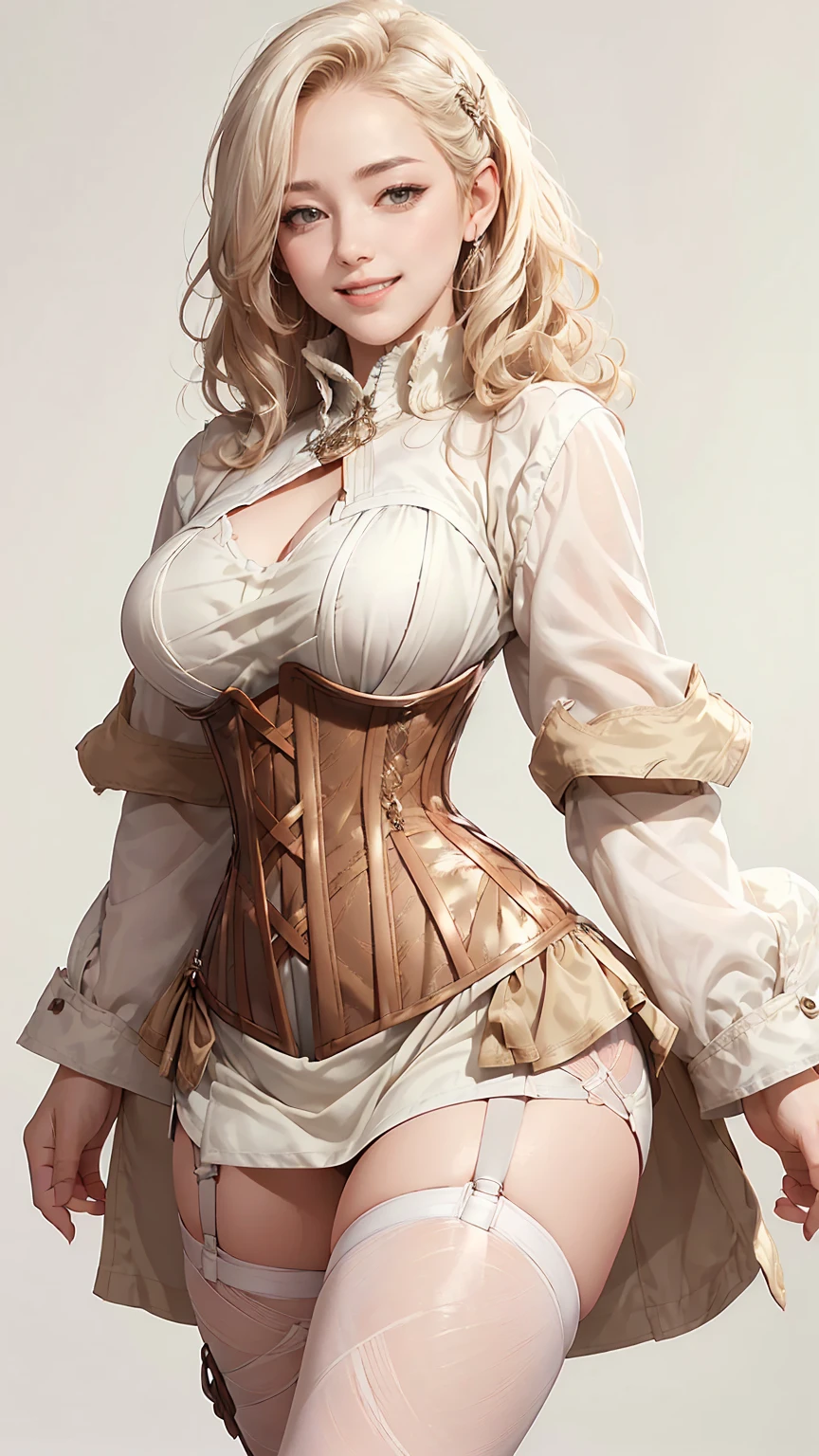 Middle Ages, 1 female , Middle Age, One, beautiful (((white tunic and brown dress with corset , square, curls, tender,  chubby build , forms,  light smile, European,  young  , white background))) ,  gaze at the viewer  ,  stands straight 
