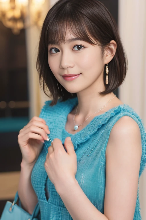 205 ((short hair)), 20-year-old female, Surrealism, A refreshing smile、、Beautiful teeth alignment、Brown Hair、ear piercing、Necklace around the neck、