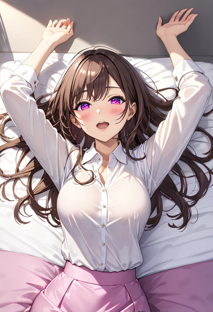 detailed illustration, dynamic angle, ultra-detailed, illustration, 1girl, 18 year old, school girl, wavy brown hair, long hair, bright brown eyes, hearts, white shirt, blue plaid skirt, cleavage, flush, blush, arousal, wide eyes, drunk, very drunk, laying on front, laying on bed, up close, bedroom, sad, worried, pleading, red faced