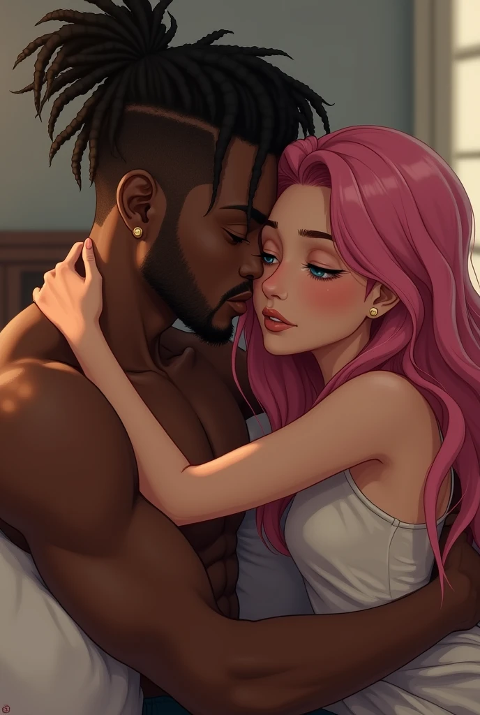 Mulher de cabelos vermelhos, olhos castanhos, pele parda, seios pequenos, com um olhar inocente, usando um vestido preto de princesa, beijando um homem magro , negro, alto, cabelos crespos, olhos castanho escuro,shirt and black jeans, 8k realistic version