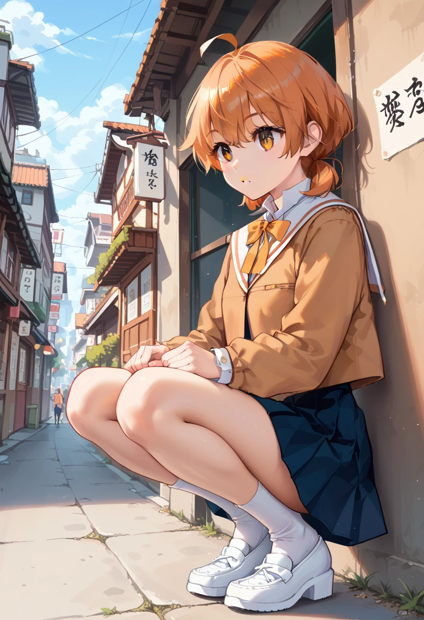 (masterpiece),best quality,cowboy shot,front shot,solo,1-young girl,(ite),skinny,(thin legs),medium breast,squatting in the Japanese city,white cotton panty,panty-shot,school uniform,orange hair,low short twin tails,ahoge,