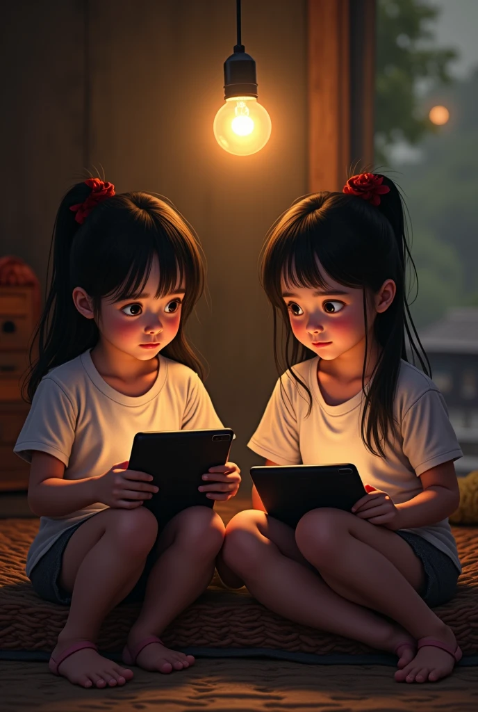 two Indonesian sisters. all are teenagers. Both are busy with their gadget. Their mother, short hair, nearby look upset and angry, Detailed realistic caricature 3D,