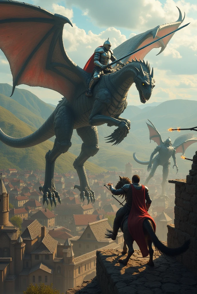 (Dragon on the roof), dark sky, ancient building, overlooking, people, running, thunder and lightning