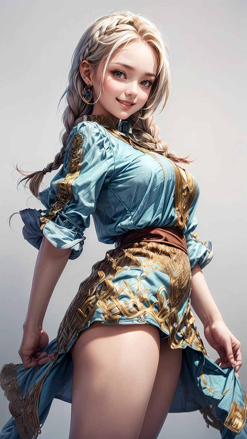 Middle Ages, 1 female , Middle Age, One, beautiful (((blue tunic and brown dress ,  square, Braids, tender,  chubby build ,  light smile, forms ,European,  young  , white background))) ,   gaze at the viewer  ,   stands straight  
