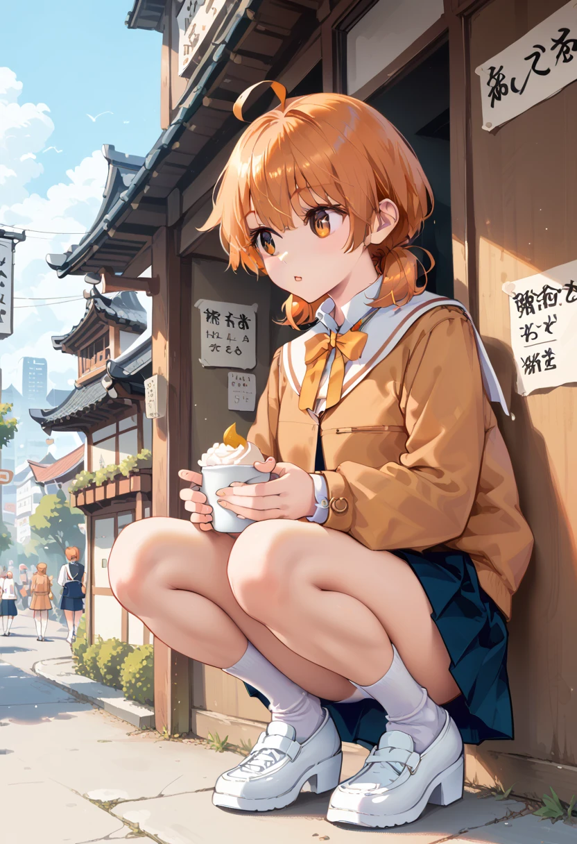 (masterpiece),best quality,cowboy shot,front shot,solo,1-young girl,(ite),skinny,(thin legs),medium breast,squatting in the Japanese city,white cotton panty,panty-shot,school uniform,orange hair,low short twin tails,ahoge,