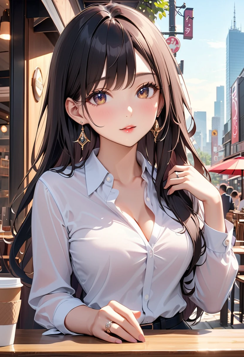 cleavage、Close-up of your face、looking up, Shooting from above, (pale skin: 1.2), shiny skin, shiny hair、(A 25-year-old woman with medium-length hair and bangs) and (wavy hair) and (brown hair) and (orange eyes) and (half closed eyes), white collared shirt, (blush:1.3), The background is a shopping street at night、Alone、Are standing
