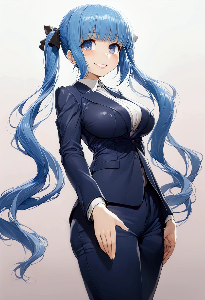 1 woman, blue hair, straight bangs, princess cut, droopy eyes, twin tails, double teeth, slightly big breasts, dark blue suit, big smile