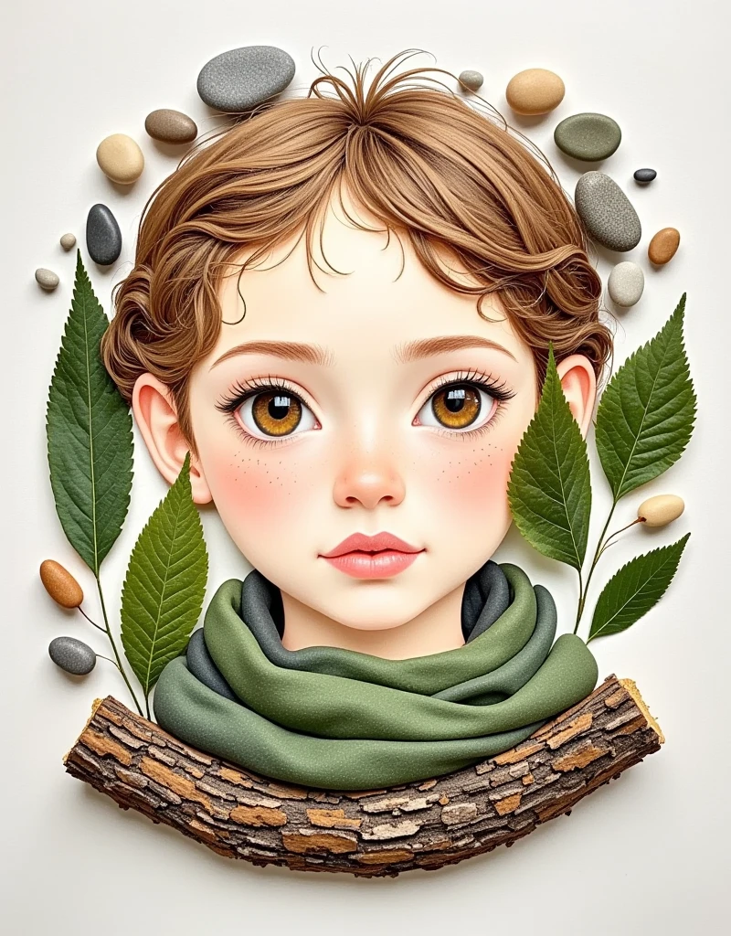  leaves and seeds of various plants、 bark and other parts ，Make a handmade sticker with stones ，Watercolor Pencil， ，The picture is a beautiful girl，Simple composition ， Master's work