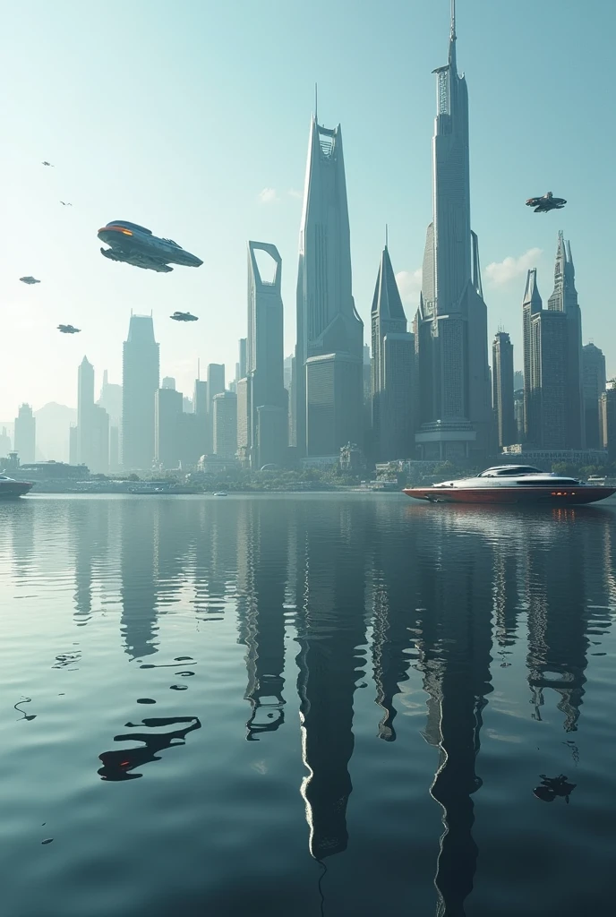 photorealistic reflection on the water of an futuristic hi tech city with scrapers and tower, air traffic loaded with future flying vehicles, intricate, dramatic light, thin fog misty.