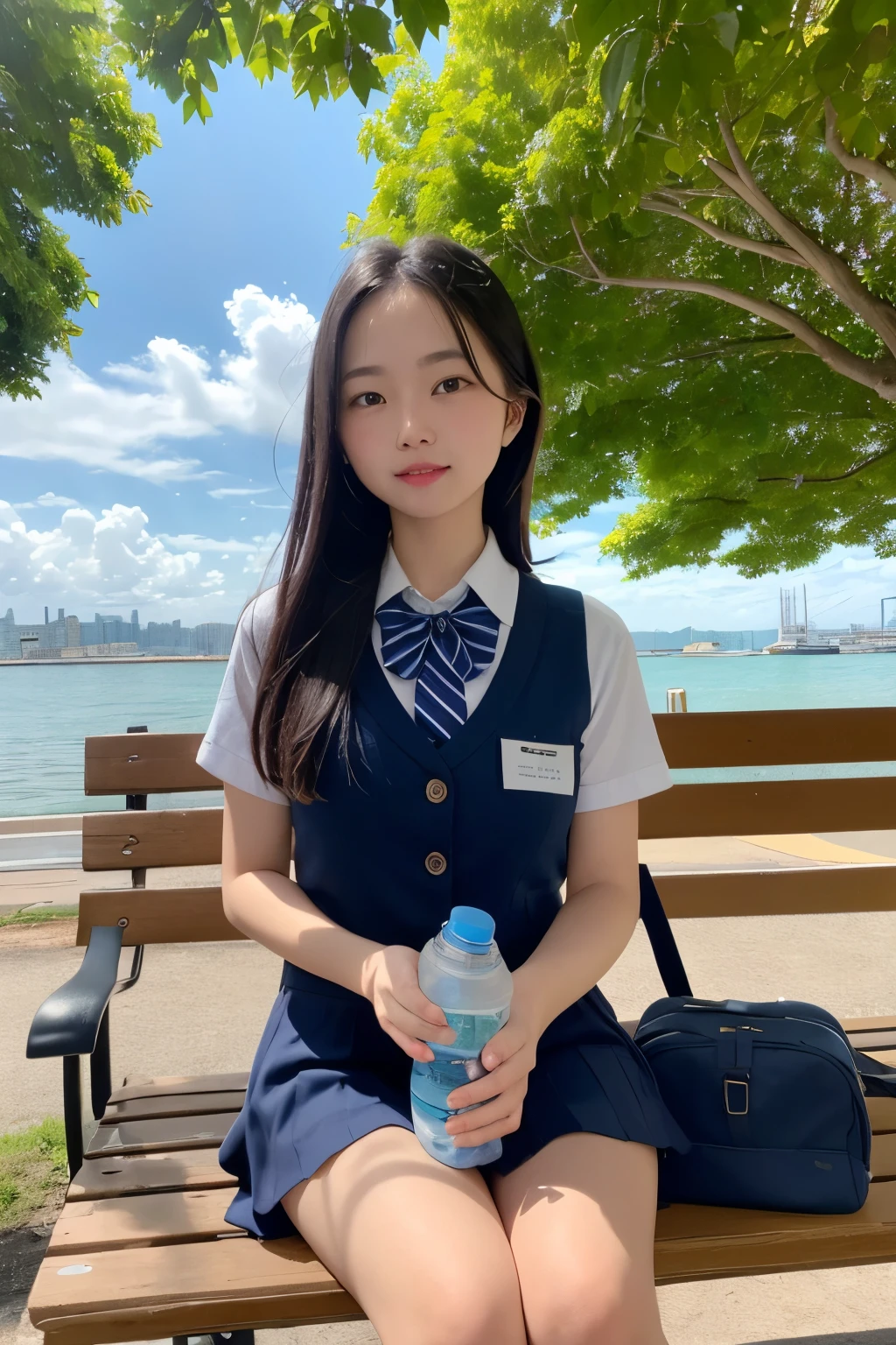 (8K), (highest quality: 1.2), (realistic), (realistic: 1.37), ultra high resolution, 1 girl, cute, smile, closed mouth, beautiful details, beautiful nose, wet hair, giant dulcefo, pork, thighs，Self snap,University Student Uniform,Sitting on a Tokyo train,simple blazer,pleated skirt,(The pattern of the skirt and tie is a tartan check pattern..:1.3),cross your legs, From above,thighs