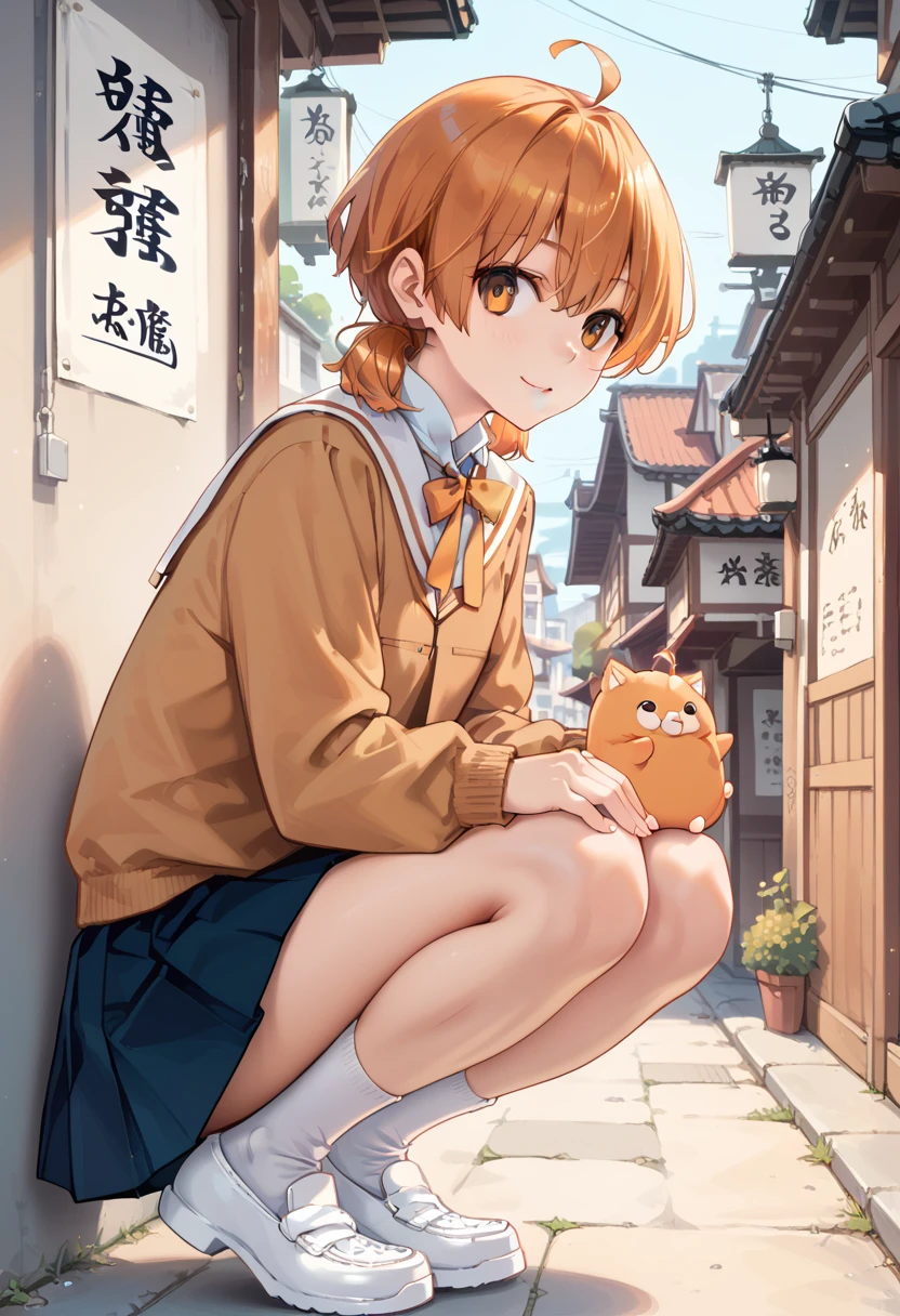 (masterpiece),best quality,cowboy shot,front shot,solo,1-young girl,(ite),skinny,(thin legs),medium breast,squatting in the Japanese city,white cotton panty,panty-shot,school uniform,orange hair,low short twin tails,ahoge,