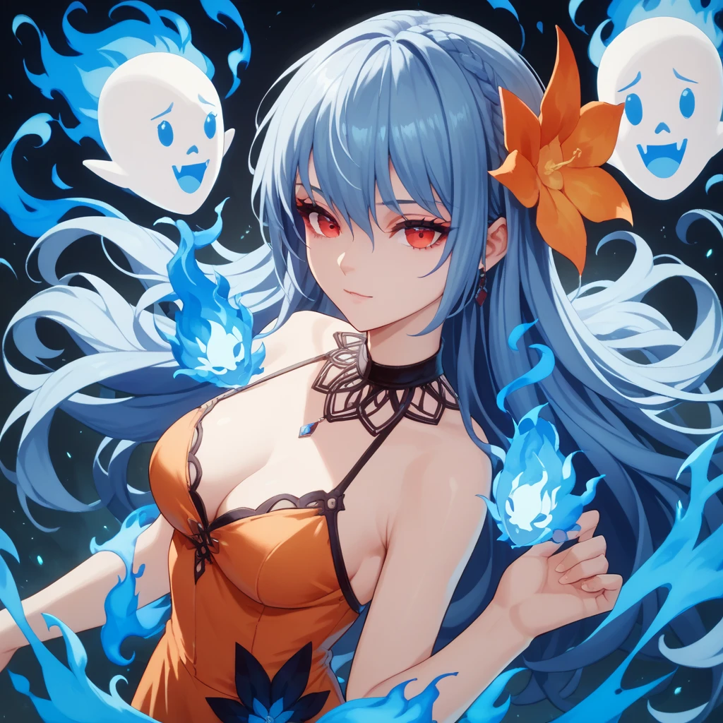  score_9, score_8_up, score_7_up, score_6_up, score_5_up, score_4_up, 1girl, blue hair, long hair, red eyes, orange dress, hair flower, ghost, blue fire,  Darkness、skelton