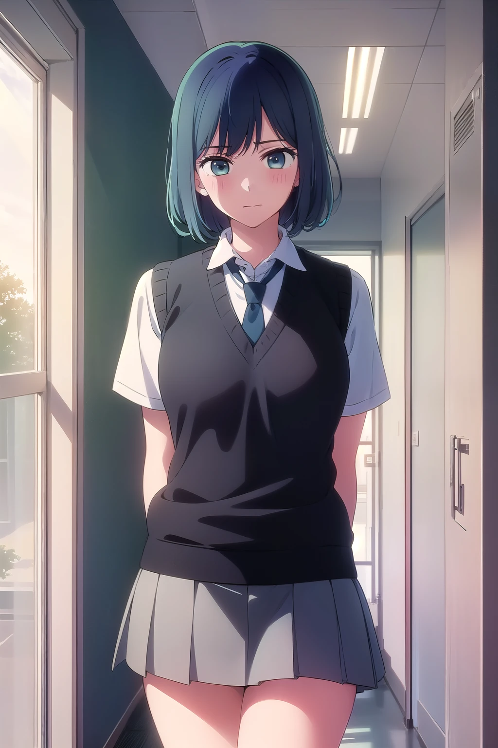 ultra realistic 8k cg, ((ultra detailed background, delicate pattern, intricate detail)), (highly detailed, fine details), 1girl, beautiful lighting, RAW photo, (complex detailed background, room background, room environment), solo, 1girl, ((short blue hair, light blue hair, bright blue eyes, white shirt, sweater vest, black vest, blue necktie, short gray skirt, school, school hallway, windows, sunlight, school background)), complex detailed background, embarrassed, blush, closed mouth, best quality slouching forward, medium breasts, Thin legs, Put your arms behind your back, slouching forward, (photorealistic:1.4), film grain, cowboy shot, masterpiece