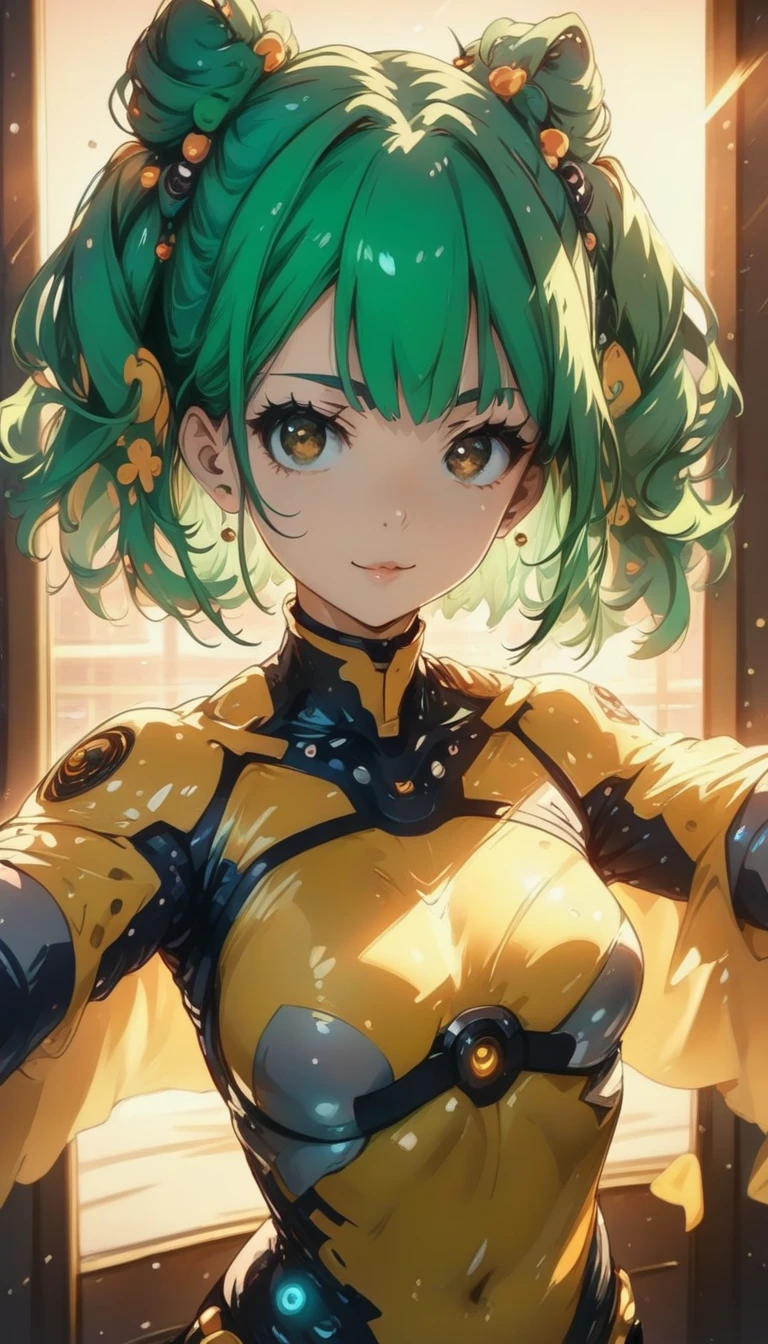 front pose, looking at camera front image, anime face, looking at camera, front pose anime girl with shoulder-length green hair and warm brown eyes, dressed in a sleek, black-and-yellow space pilot suit with metallic patches on her shoulders. looking relaxed as she gazes out a large window at a planet with visible city lights. The futuristic control room is brightly lit, and the sunlight reflecting off her suit highlights the advanced design. straight to camera pose. looking straignt into camera. girl is looking staright to viewer shot, looking at front face,