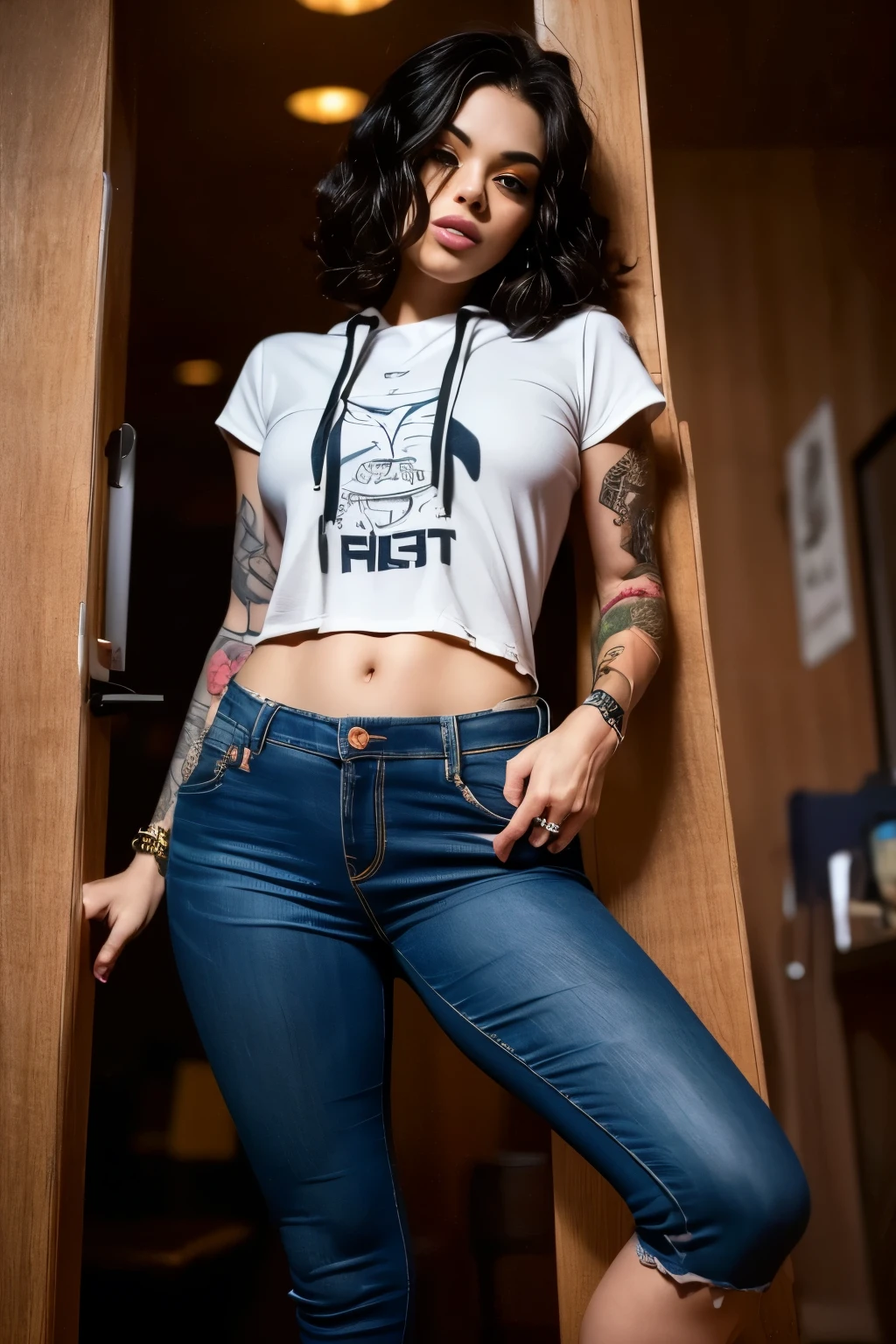 The most beautiful and sexy girl, wearing hoodie, graphic t-shirt, torn skinny jeans and highly detailed, tons of tattoos and piercings, foot, highly detailed background, perfect masterpiece, high quality, high resolution