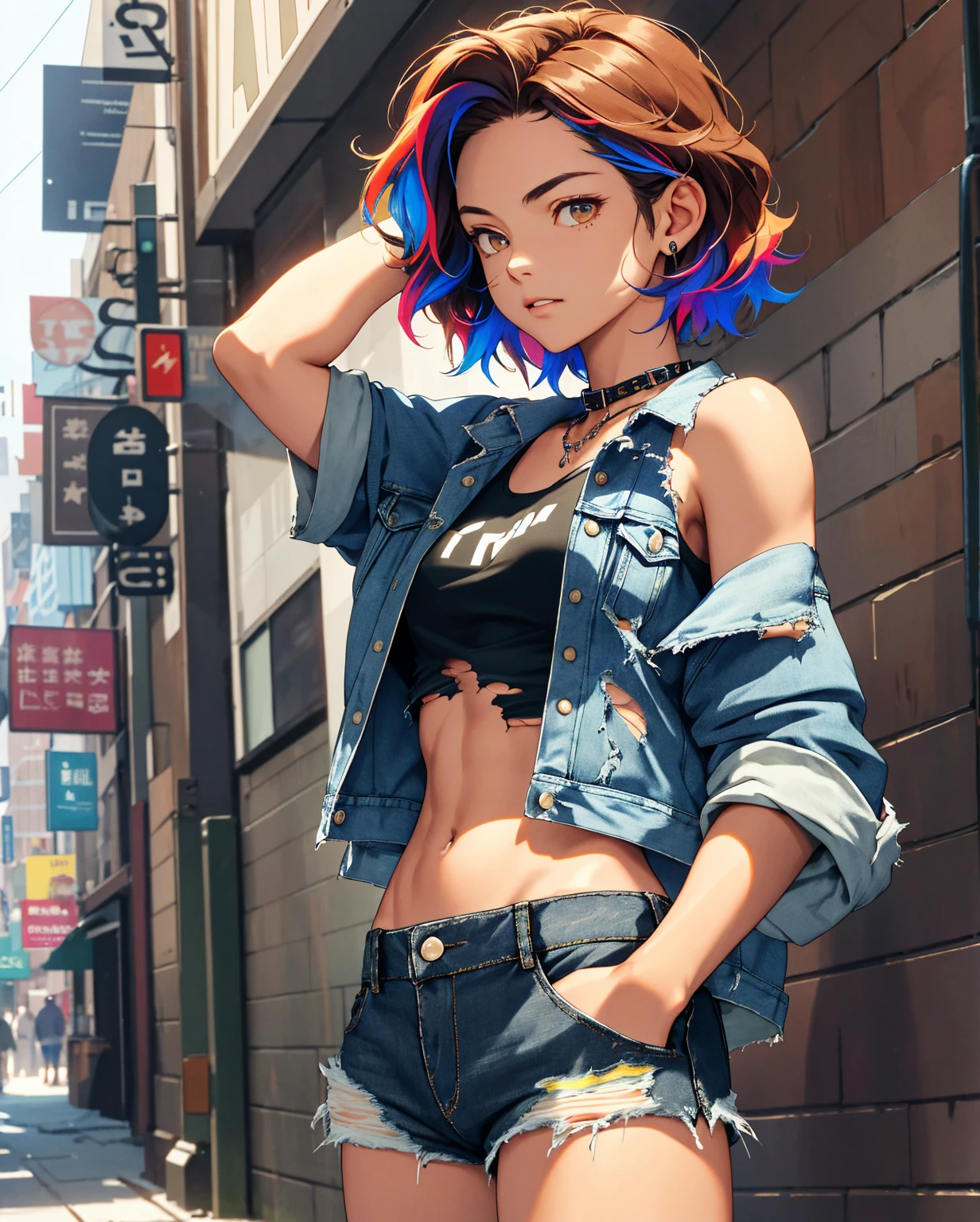 masterpiece, high quality, sharp focus, an american punk woman, rainbow-colored hair, wearing a vest and shorts, perfect face, perfect jawline, textured skin, beautiful lips, cowboy shot, on a city street, cold lighting, cool atmosphere, 8k, uhd, absurdres