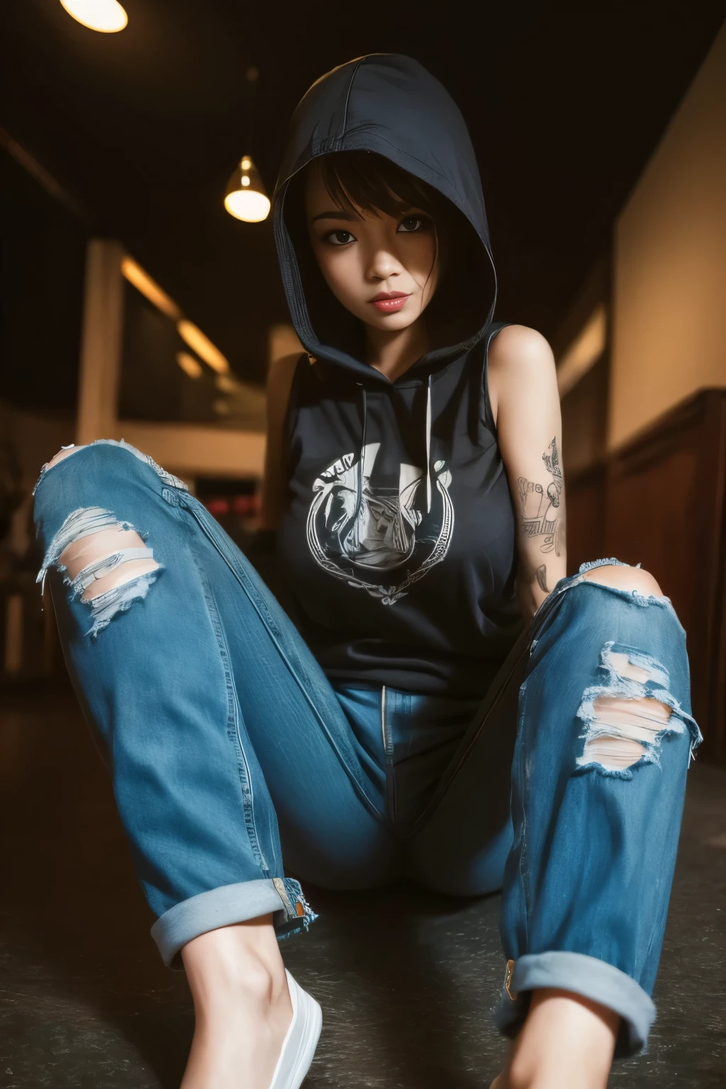 The most beautiful and sexy girl, wearing hoodie, graphic t-shirt, torn skinny jeans and highly detailed, tons of tattoos and piercings, foot, highly detailed background, perfect masterpiece, high quality, high resolution