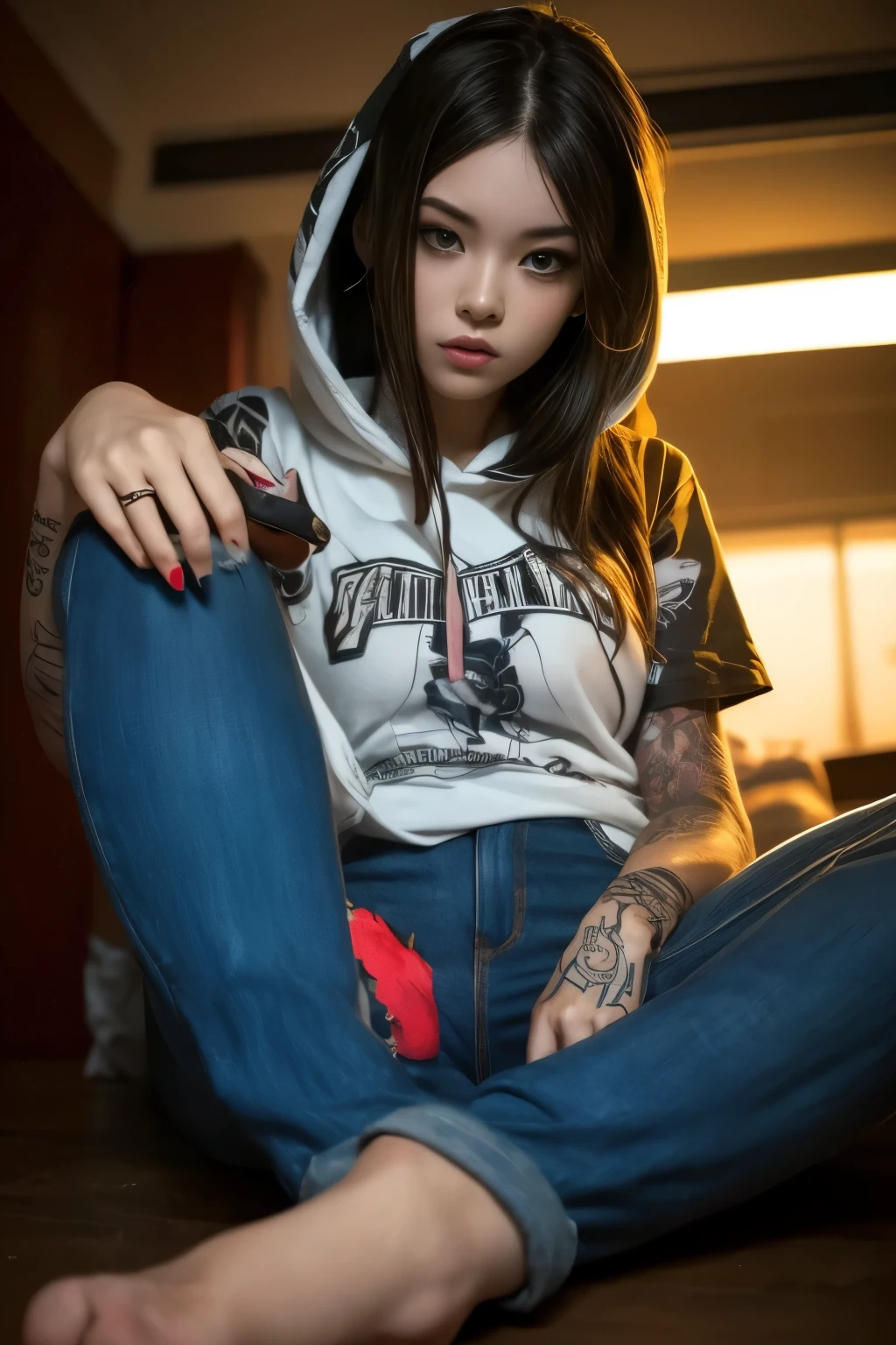 The most beautiful and sexy girl, wearing hoodie, graphic t-shirt, torn skinny jeans and highly detailed, tons of tattoos and piercings, foot, highly detailed background, perfect masterpiece, high quality, high resolution